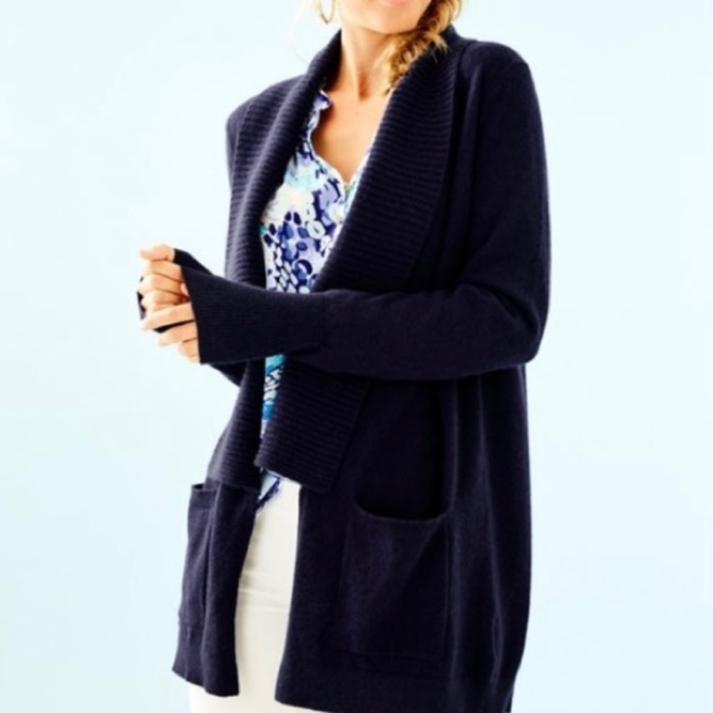Lilly Pulitzer Norwood Navy Cashmere Open-Front Shawl Collar Cardigan